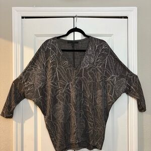 White House Black Market V-Neck Batwing Top in Charcoal with Silver Leaf Print
